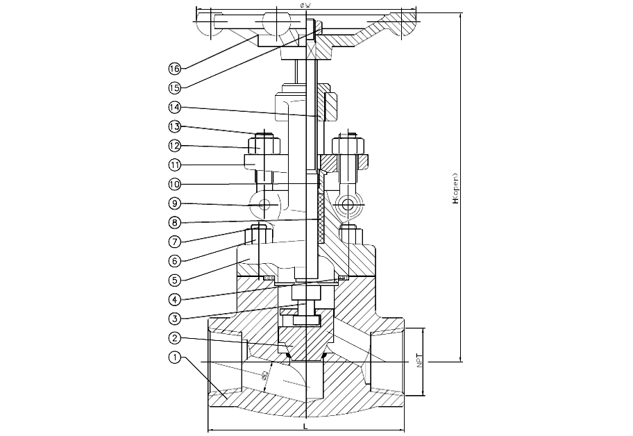 Threaded End Forged Steel Globe Valve Drawing