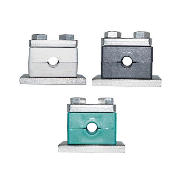 Tubeclo tube clamps in aluminium, polyamide and green polypropylene bodies on weld plates
