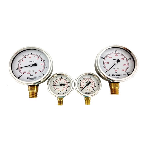 Four STAUFF glycerine filled pressure gauges, 100 mm and 63 mm dials with bar and psi scales