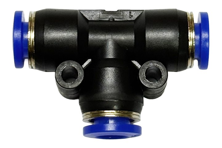 AF Hydro push-in union tee, three equal push-in ports with blue release collars