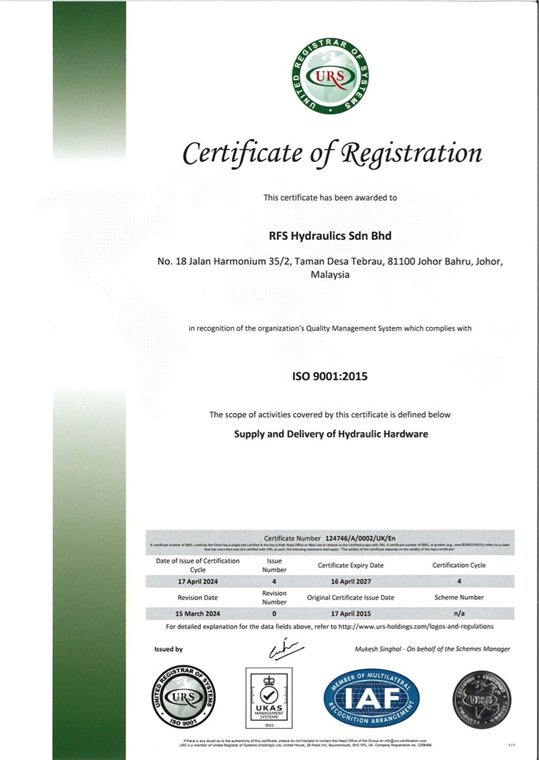 RFS Hydraulics Sdn Bhd ISO 9001:2015 certificate of registration, issued by United Registrar of Systems