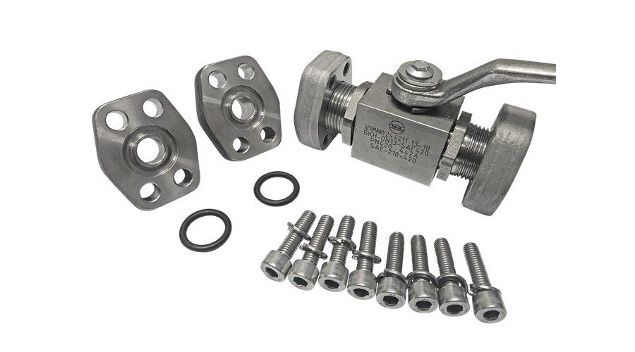 MHA Zentgraf BKH high pressure ball valve laid out with two SAE flange halves, O-rings and eight cap screws