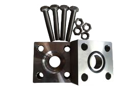 JIS square flange complete set: both halves opened out with the O-ring in its groove, and the four hex bolts and nuts