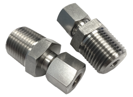 Two stainless steel compression male connectors, tapered male thread at one end and a compression nut at the other