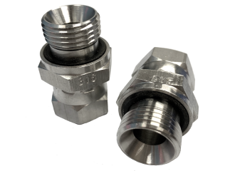 Two stainless steel port end fittings, each with a cone recessed inside the male thread and a soft seal on the shoulder