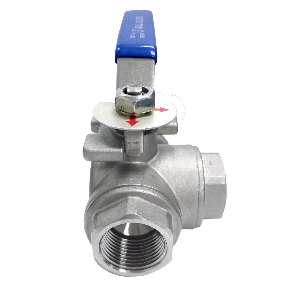 Three-way L-port SS316 ball valve from a high angle, showing all three ports and the handle indicator plate