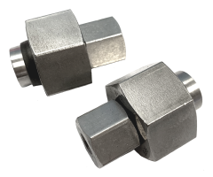 Two stainless steel straight unions with a compression nut at each end