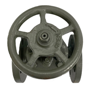 ANSI 150 cast iron globe valve, side elevation showing the handwheel and rising stem