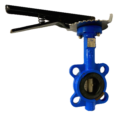 Blue cast iron wafer type butterfly valve with a black lever handle, notched locking plate and stainless disc visible in the bore