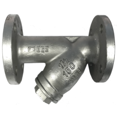 ANSI 150 cast steel Y-strainer showing the bolted cover and alloy steel stud bolting