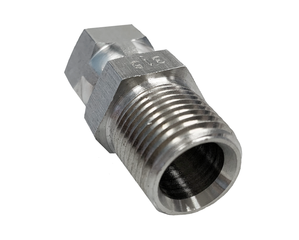 Stainless steel JIC fitting with a male tapered thread at one end, the hex stamped 316