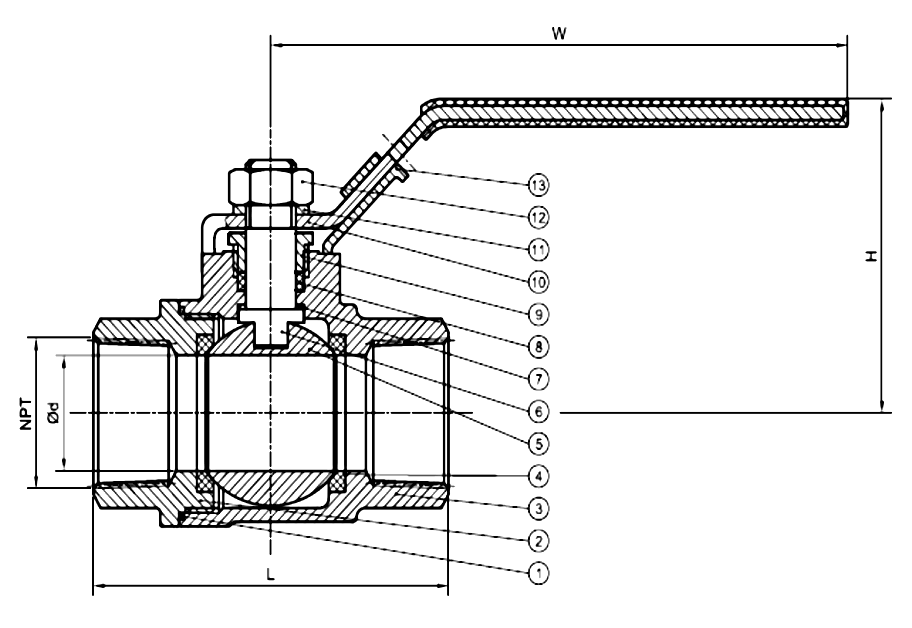 Sectional drawing of a two-piece full bore 1000 PSI stainless steel threaded ball valve with numbered callouts and dimensions