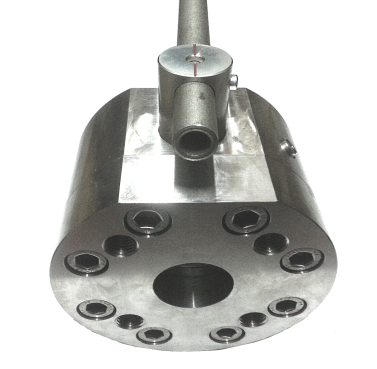 An ISO 6164 flange ball valve seen from the flange face, showing a round body, eight socket-head bolts, four smaller threaded mounting holes and the centre bore