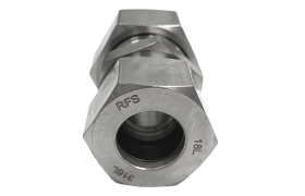 Compression union seen down the bore, the nut stamped RFS, 18L and 316L