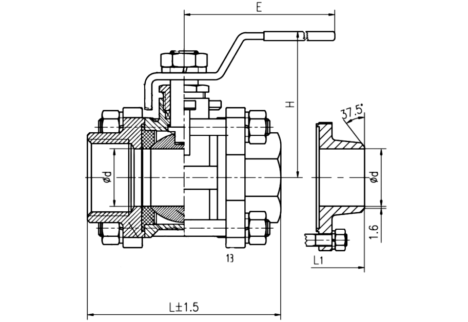 Sectional drawing of a three-piece full bore 1000 PSI stainless steel butt weld end ball valve with numbered callouts