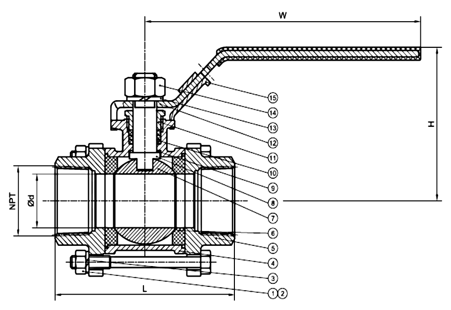 Sectional drawing of a three-piece full bore 1000 PSI stainless steel threaded and socket weld end ball valve with numbered callouts
