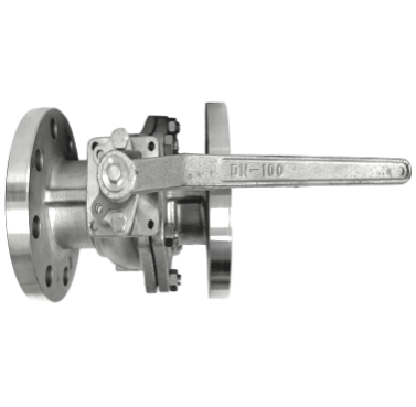 ANSI 300 SS316 flange end ball valve viewed from above showing the bonnet and stem