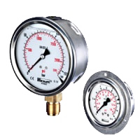 A stem-mounted pressure gauge with a bottom connection beside a panel-mounted gauge with a rear flange