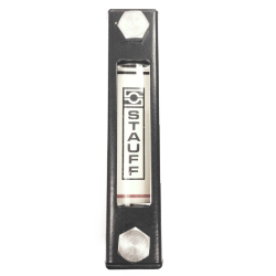 A STAUFF level gauge shown with its scale plate and mounting hardware