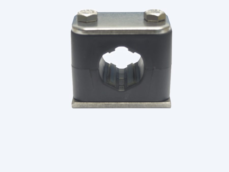 STAUFF ACT standard series anti-corrosion clamp assembled with stainless cover and weld plates, showing the lobed bore