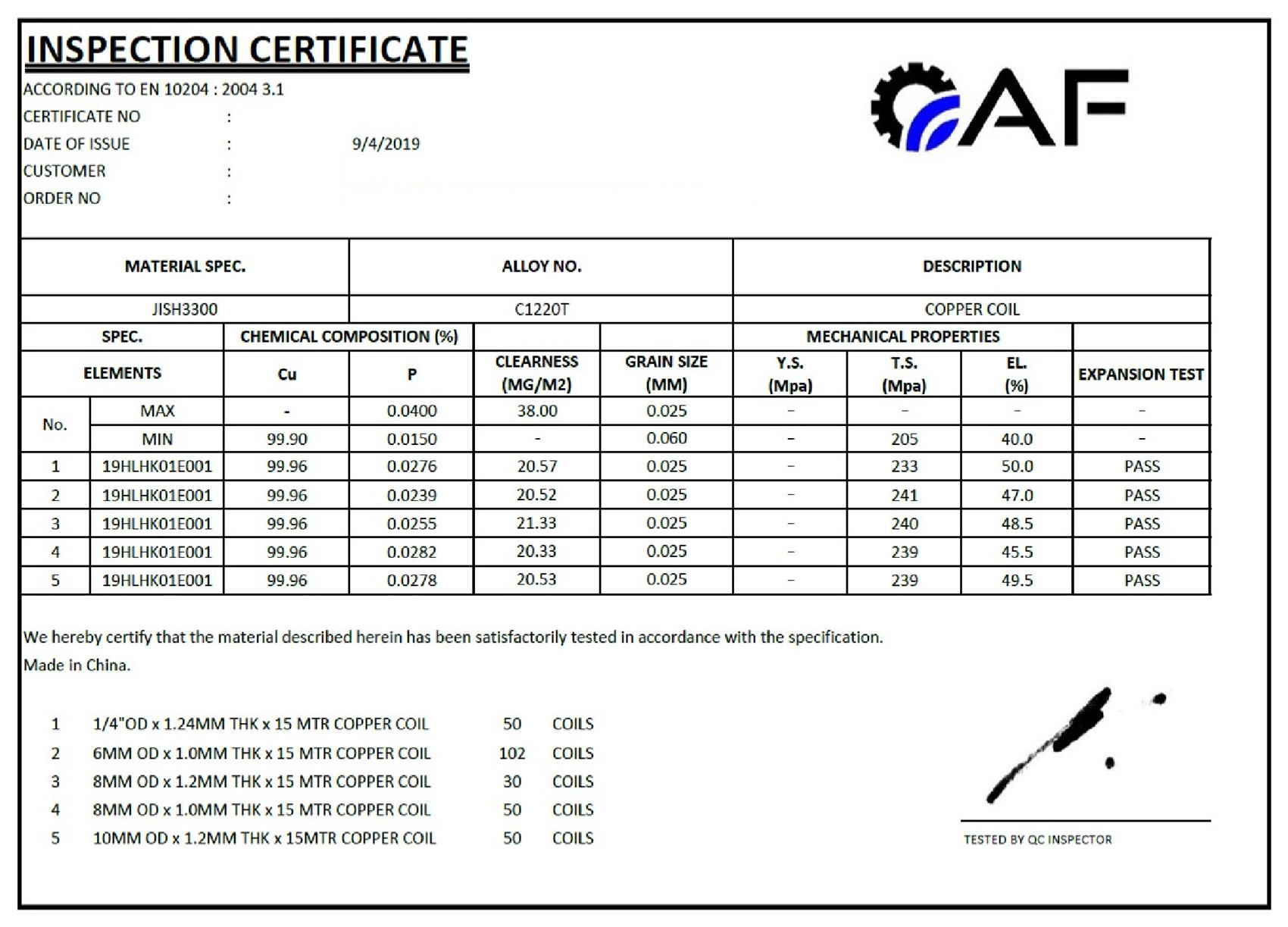 AF EN 10204 3.1 inspection certificate for JIS H3300 C1220T copper pancake coil, customer details removed