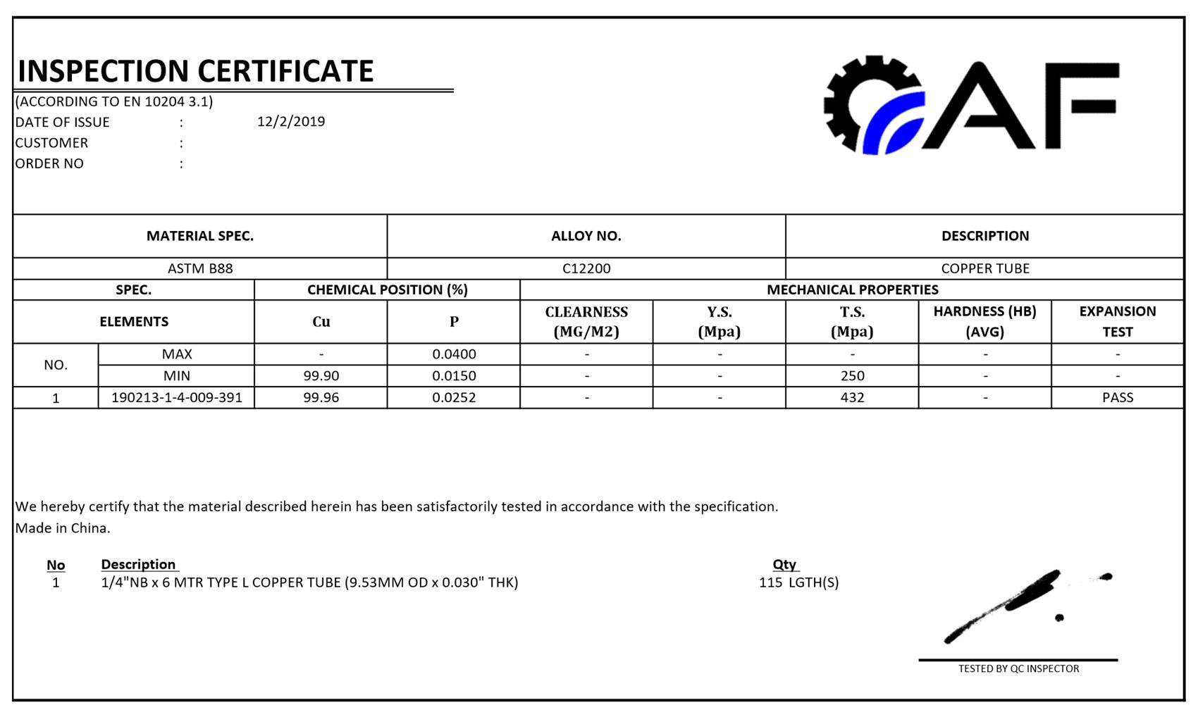 AF EN 10204 3.1 inspection certificate for ASTM B88 C12200 Type L copper tube, customer details removed