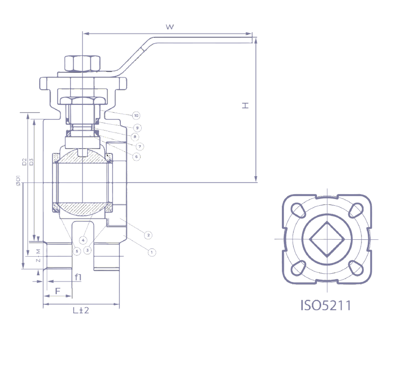 Sectional drawing of a PN16 PN40 SS316 wafer type ball valve with numbered callouts and an ISO 5211 mounting pad detail