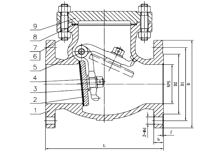 Sectional drawing of a JIS 10K SS316 swing check valve with numbered callouts