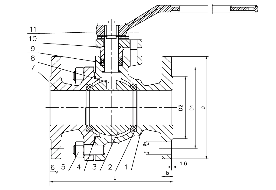Sectional drawing of an ANSI 150 cast steel flange end ball valve with numbered callouts