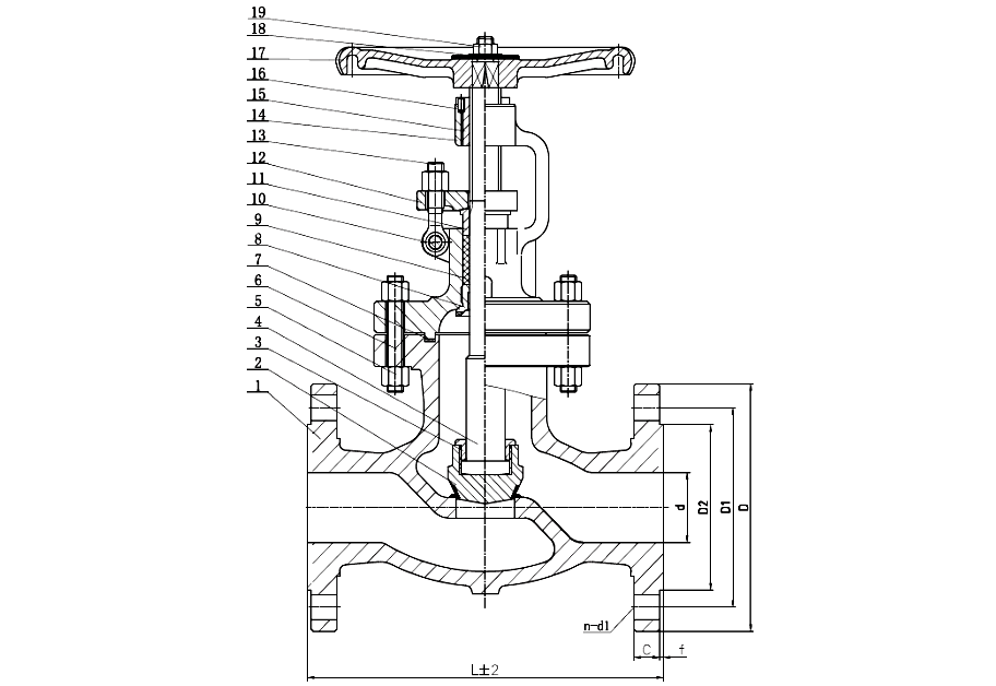 Sectional drawing of an ANSI 150 cast steel globe valve, 2.5 inch, with numbered callouts