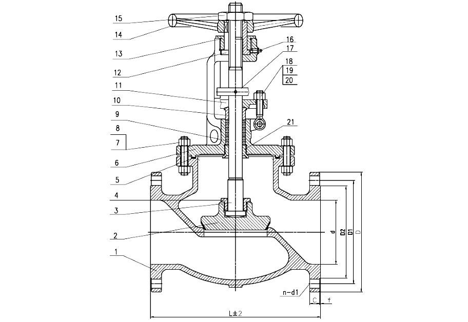 Sectional drawing of an ANSI 150 cast steel globe valve, 2 to 4 inch, with numbered callouts