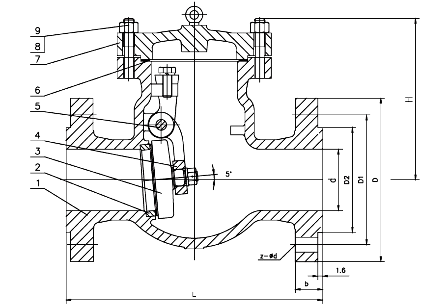Sectional drawing of an ANSI 150 cast steel swing check valve with numbered callouts