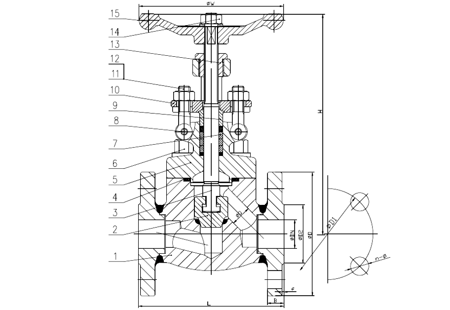 Sectional drawing of an ANSI 150 forged steel globe valve with numbered callouts