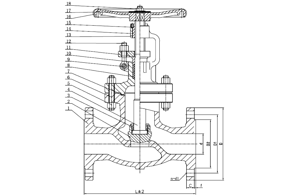 Sectional drawing of an ANSI 150 SS316 globe valve, 2 to 4 inch, with numbered callouts