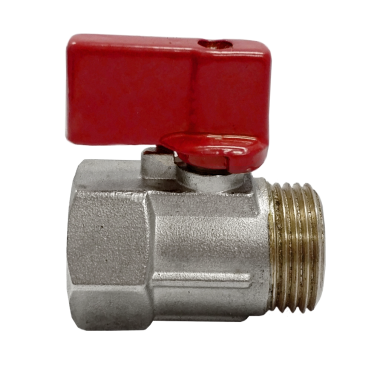 Brass mini ball valve, male by female, side view with lever handle