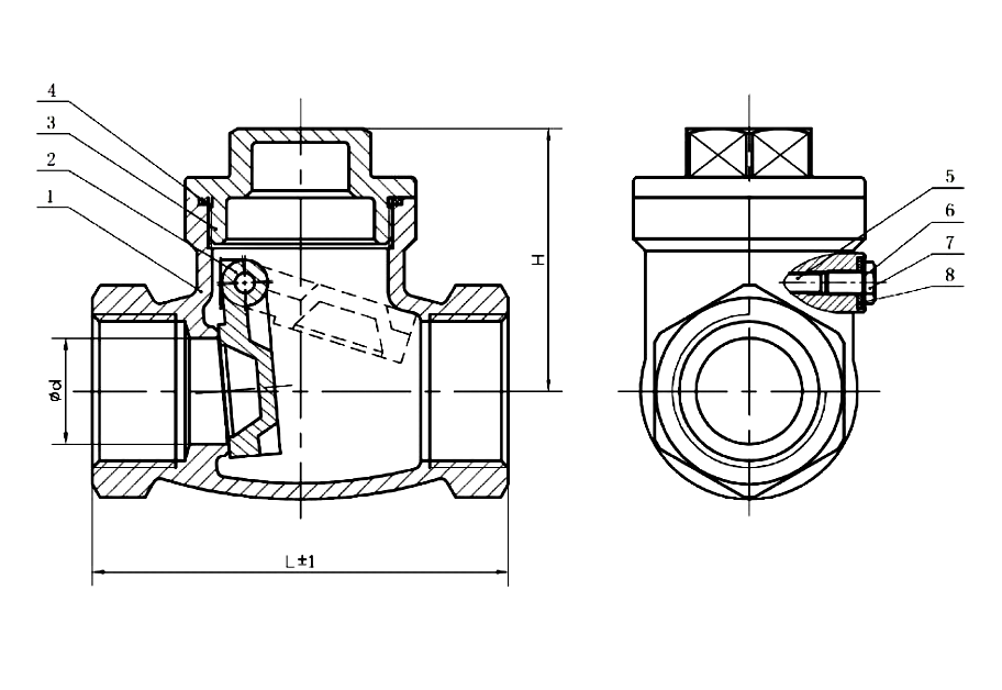 Sectional drawing of a threaded brass swing check valve with numbered callouts