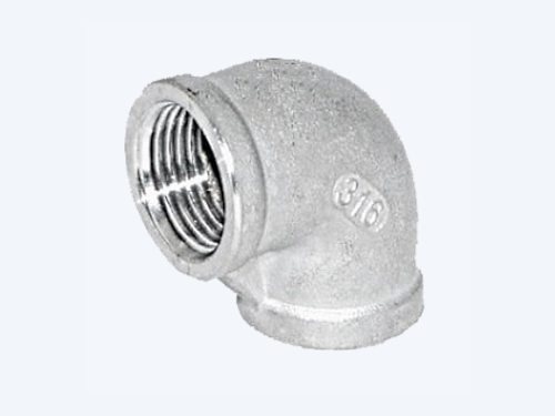 Class 150 stainless steel 90 degree elbow with female NPT threads, cast 316 marking visible