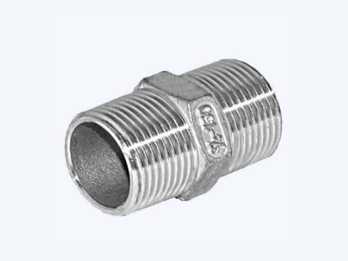Class 150 stainless steel hex nipple with male threads both ends and a central hex