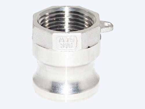 Stainless steel SS316 camlock Type A male adapter with female thread, cast markings A, size and 316 visible