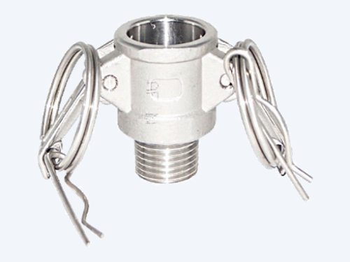Stainless steel SS316 camlock Type B female coupler with male thread, cam arms and wire pull handles visible