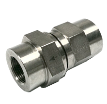 A threaded high pressure check valve with female ports at both ends and a flow arrow stamped on the middle of the body