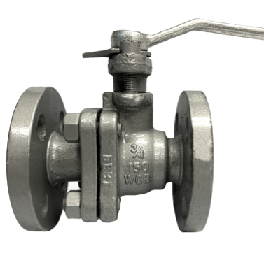 ANSI 150 cast steel flange end ball valve, side elevation with lever handle