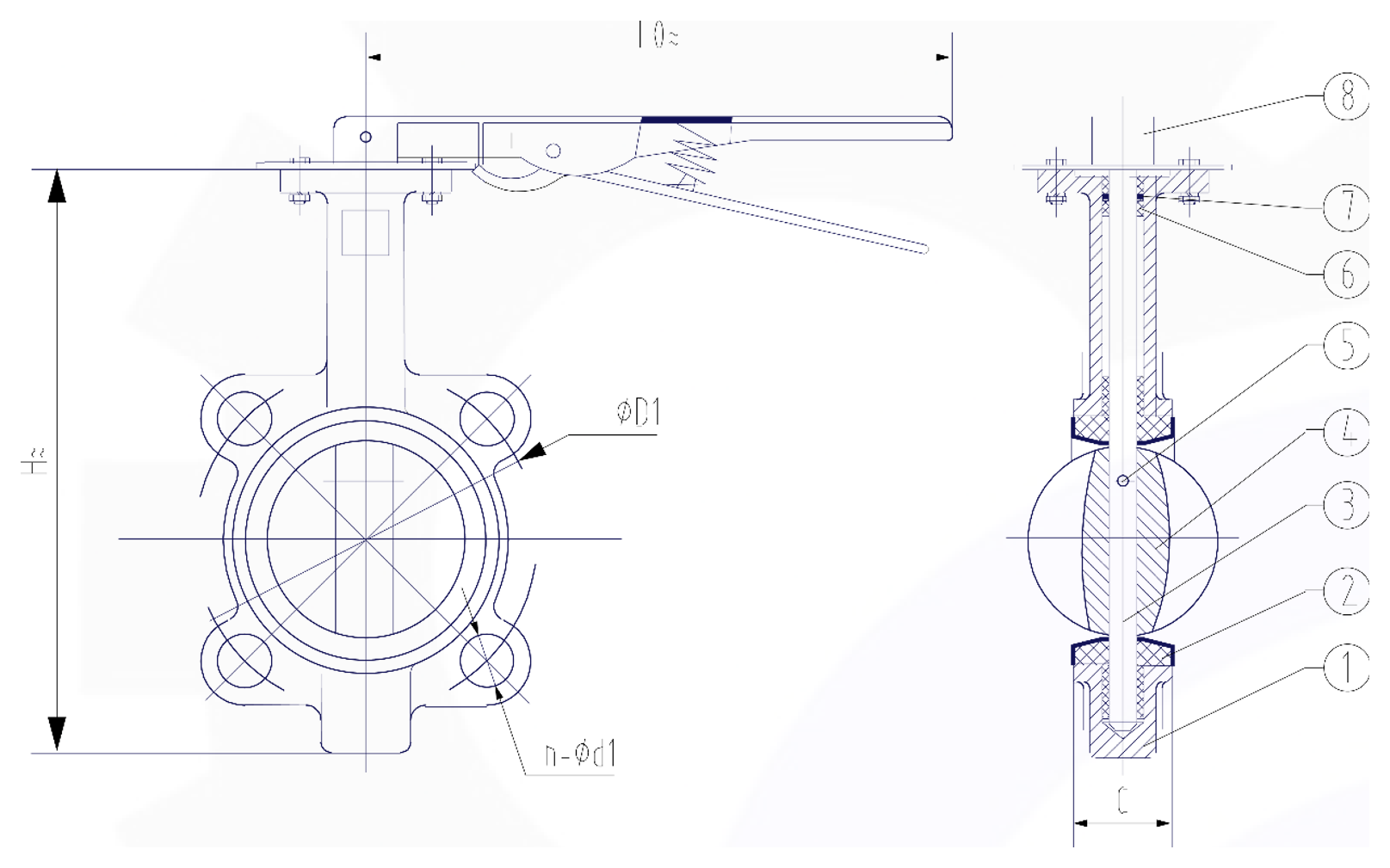 Sectional drawing of a ductile iron wafer type butterfly valve with numbered callouts