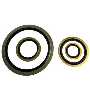 Two Dowty bonded seals of different sizes, showing the metal outer washer with black nitrile rubber bonded around the inner bore