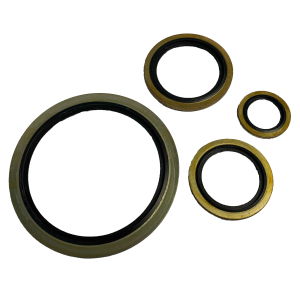Four Dowty bonded seals in a range of sizes from small to large, showing the same construction at every size