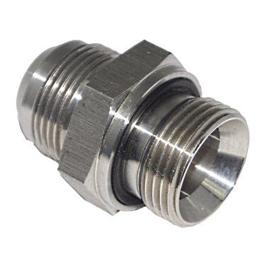 Stainless steel JIC male to BSPP male connector, 37 degree flare at one end and a parallel thread with a seal at the other