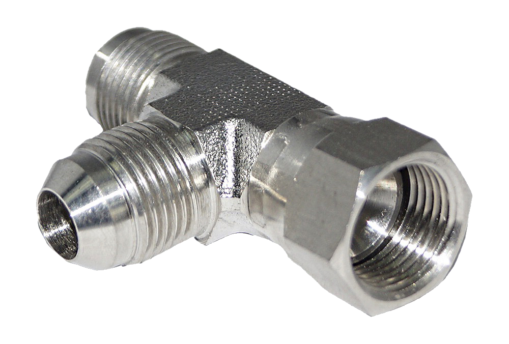 Stainless steel JIC tee with two male 37 degree flare ends and one female swivel nut end