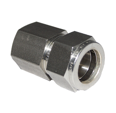 Stainless steel double ferrule female connector, ferrule nut at one end and a female threaded end at the other, the collar stamped RFS, 316 and 3/4