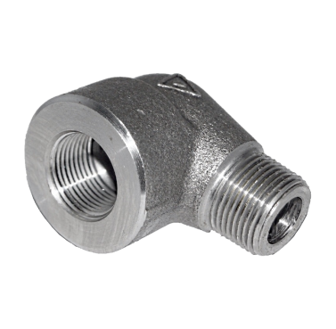 Stainless steel 90 degree street elbow, female thread on one leg and male thread on the other
