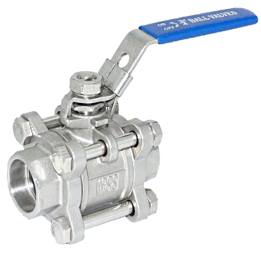 Three-piece SS316 ball valve showing the bolted centre body between two end caps